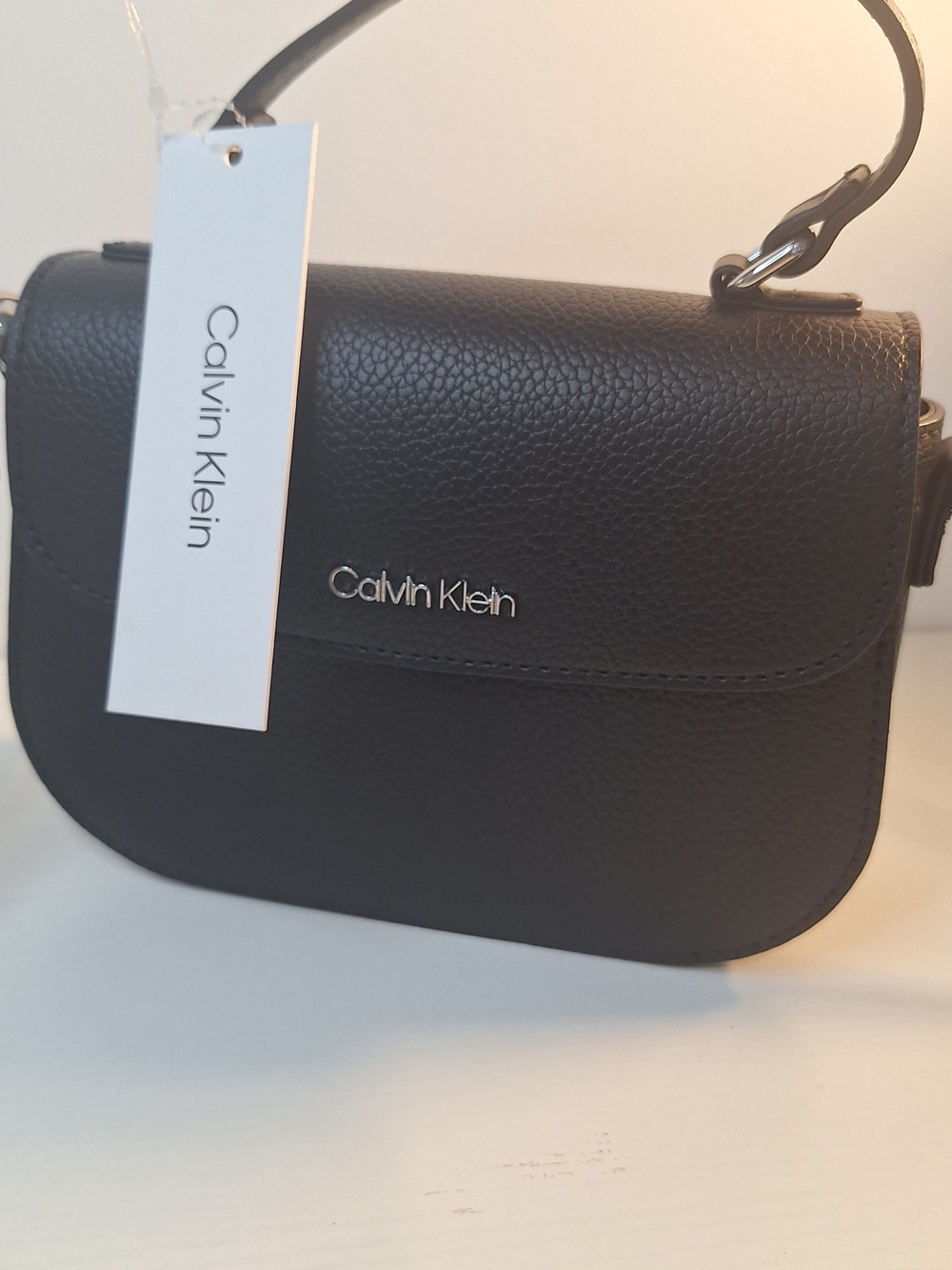 Calvin Klein Black Pebbled Leather Shoulder Bag with Top Handle